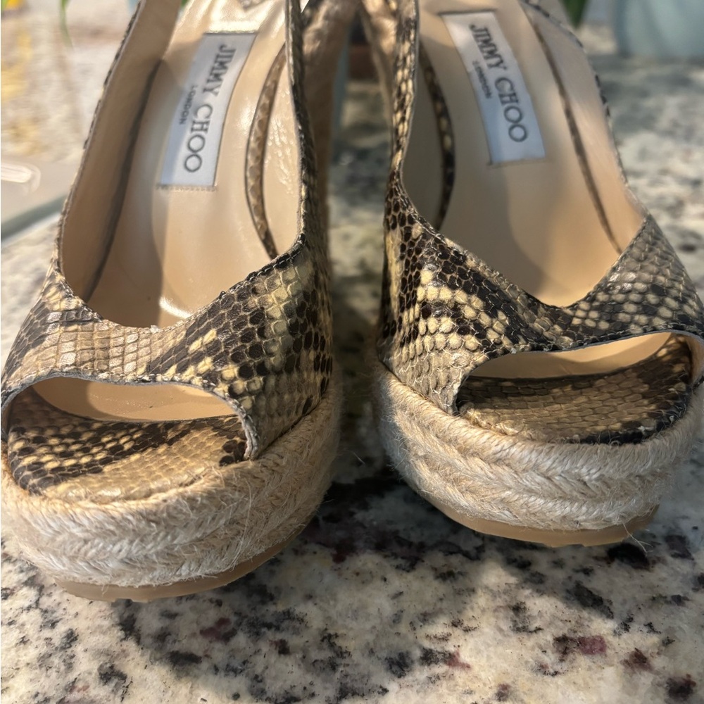Jimmy Choo Black and Cream Espadrille Wedges